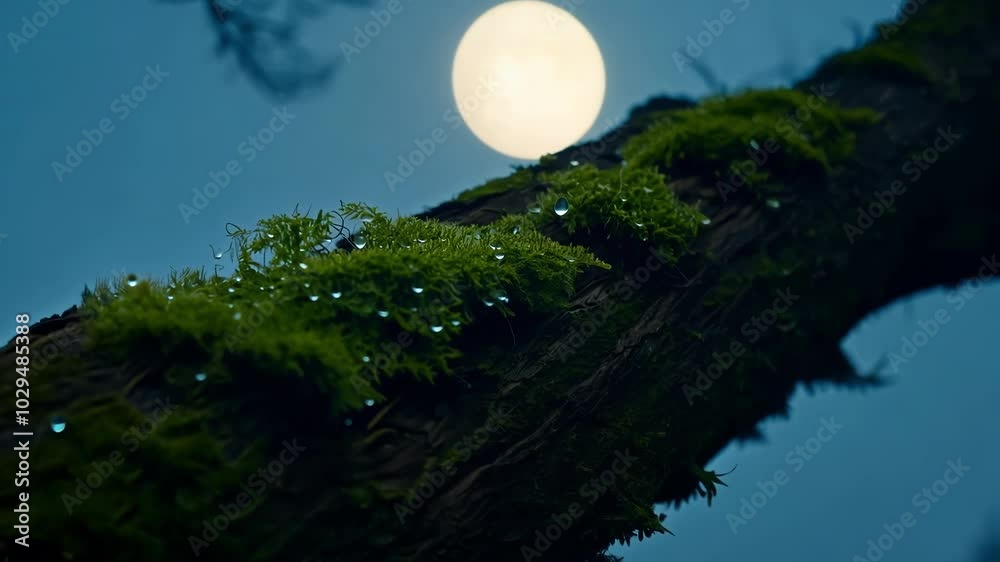 Aufkleber Mossy tree branch with glistening water droplets is illuminated by the ethereal glow of a full moon, creating a captivating scene in a dark and mysterious forest