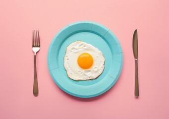 fried egg on a blue plate with cutlery, minimalistic design, pink background, food photography, breakfast concept, simple table setting, vibrant colors, modern aesthetic, appealing layout