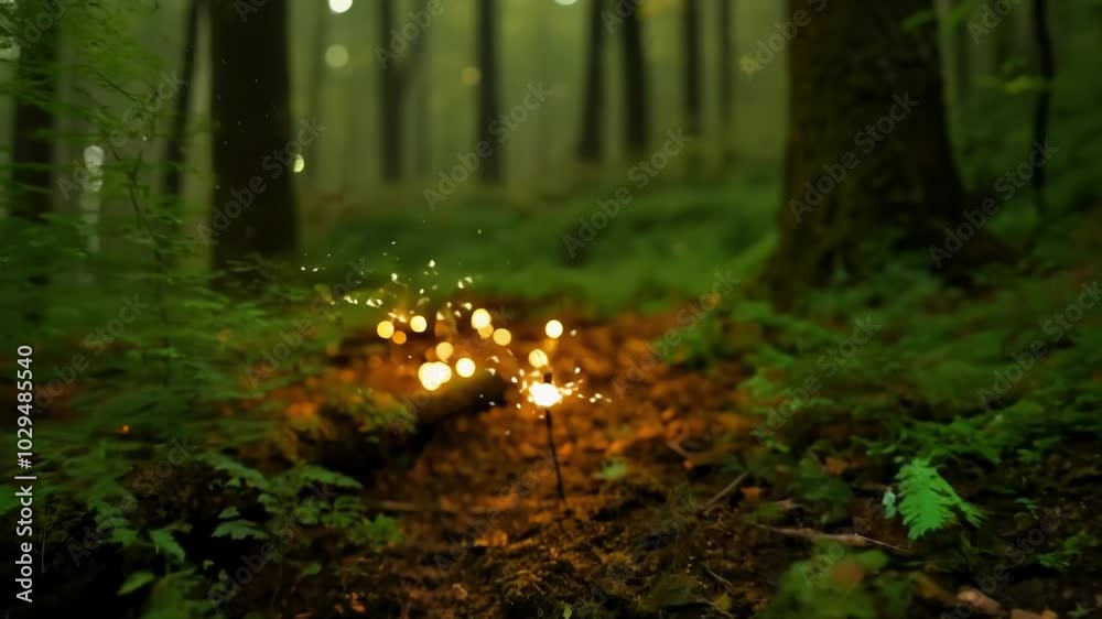 Poster softly glowing lights in a dark forest create a magical aura, illuminating green trees like a fairyt