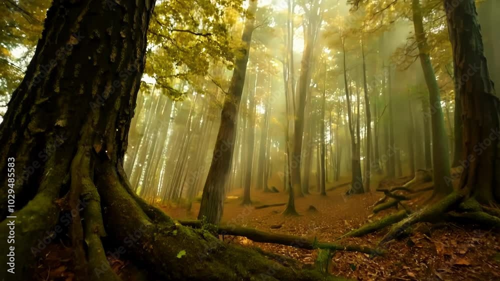 Poster thick tree roots spread across the forest floor, intertwining with moss and fallen leaves in a peace