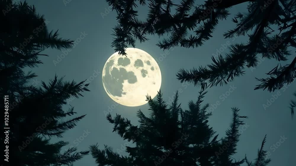 Poster low angle view of a forest at night with the branches of the trees silhouetted against a glowing ful