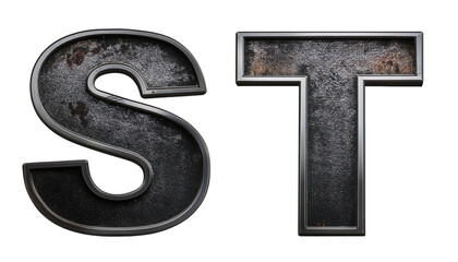 3D Letters S T Grunge Black Metal Alphabet Isolated on White