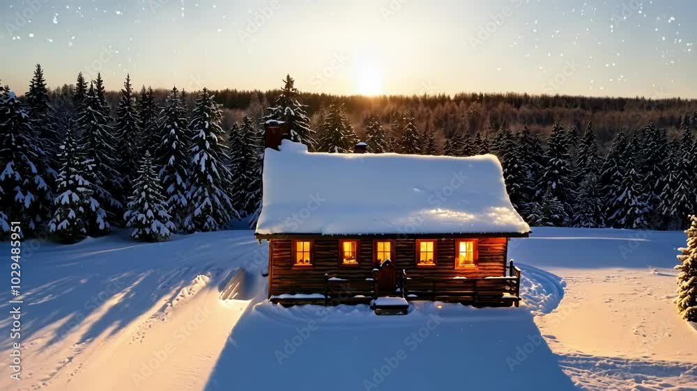 Poster cozy cabin glows warmly in a snow covered forest at night, inviting you to experience solitude and t