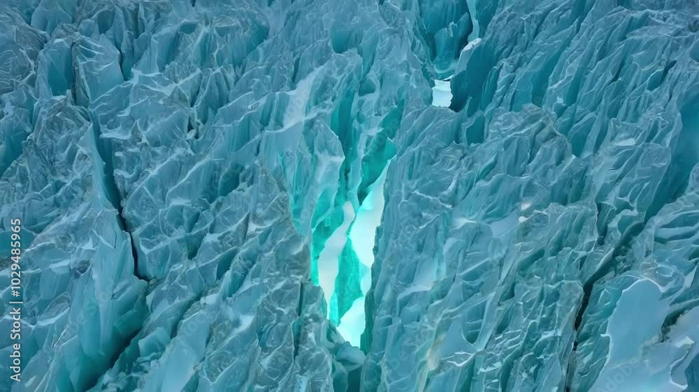 Aufkleber Sun shining through deep glacier crevasse creates mesmerizing turquoise glow in ice. Illuminating frozen landscape with intricate patterns and textures