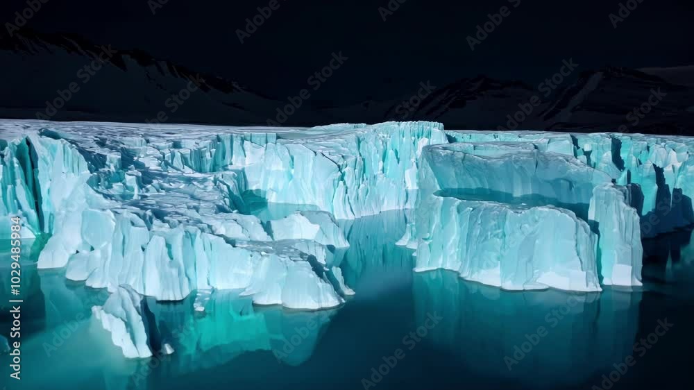 Poster capturing the serene beauty of a frozen landscape with turquoise blue water peeking through cracks i