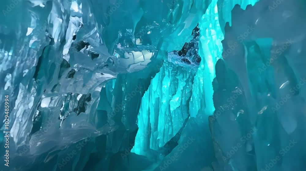 Poster mesmerizing glacial cave with turquoise ice forming delicate icicles, creating a surreal and magical