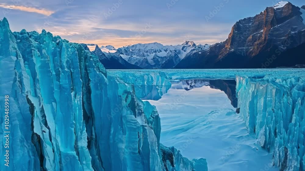 Poster serene arctic landscape with towering turquoise icebergs reflecting in the calm waters of a glacier 