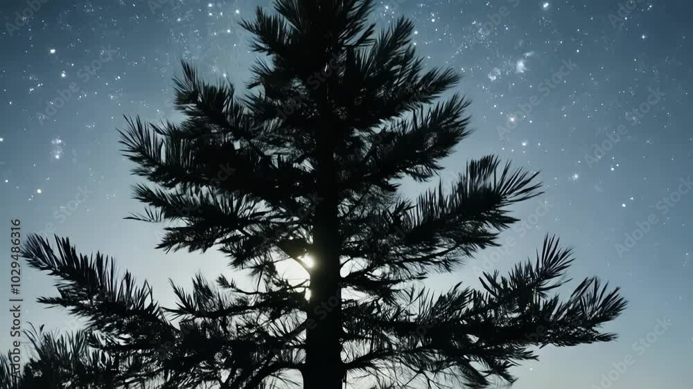 Poster tall pine tree stands proudly against a star filled twilight sky, creating a serene and awe inspirin