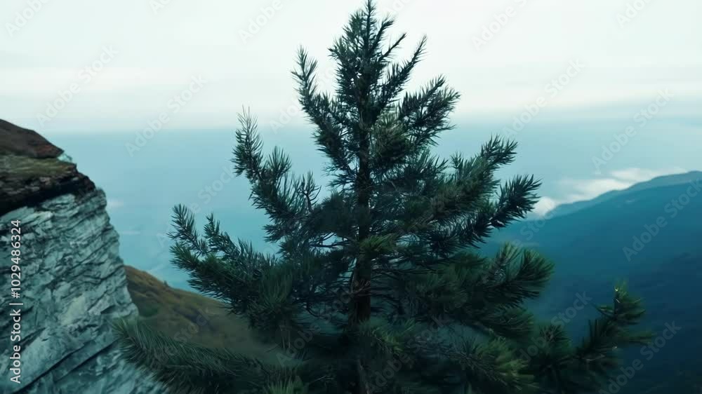 Poster majestic pine tree stands tall on a rugged mountainside, overlooking a misty valley, creating a tran