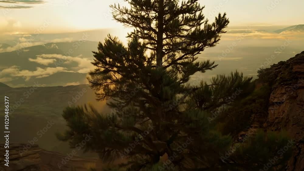 Poster lone pine tree is growing on the edge of a cliff, its branches reaching out over the valley below as
