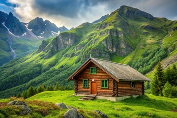 Obraz premium Wooden cabin in green mountain surrounded by trees