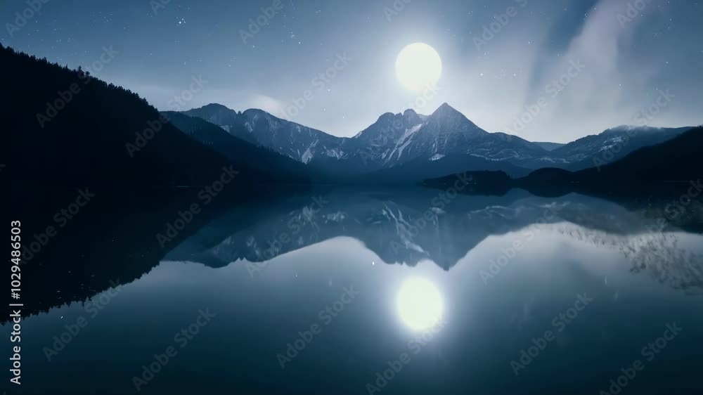Aufkleber Serene scene unfolds under the starry night sky with a full moon casting a glowing light over a lake. Reflecting snowy mountains and dense forests