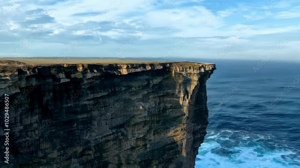 Poster sunlight is illuminating the top of a dramatic cliff face jutting out over blue ocean waves, creatin