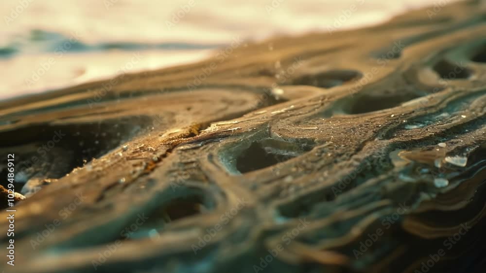 Poster the sun sets over a beach, casting golden light on weathered driftwood, highlighting textures and pa