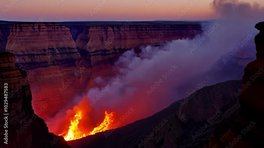 Poster Fiery lava erupting from volcano at dusk, creating dramatic scene in wilderness