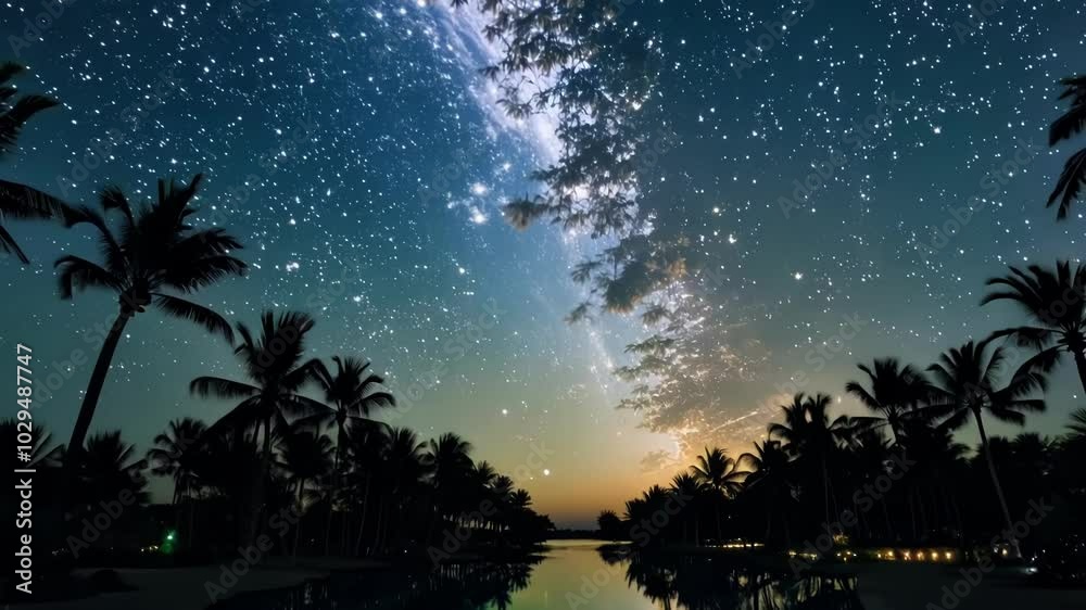 Poster The milky way shines in the night sky over a tropical lagoon with palm trees, reflecting in tranquil water, creating a serene atmosphere