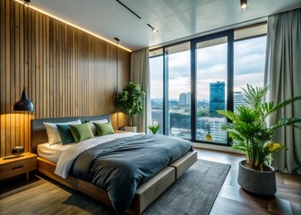Fototapeta premium Modern Bedroom Design with Wooden Paneling for Urban Exploration Photography