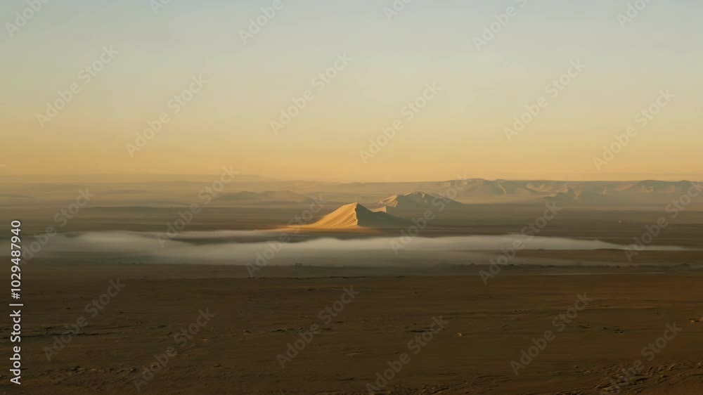 Poster the sun is rising over a desert landscape, casting a warm glow over the sand dunes and mountains in 