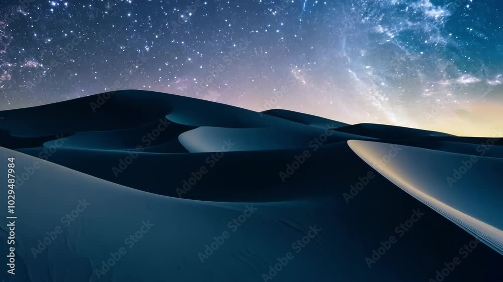Poster Breathtaking panoramic view of the desert at night, with countless stars illuminating the sky and casting an ethereal glow on the undulating sand dunes