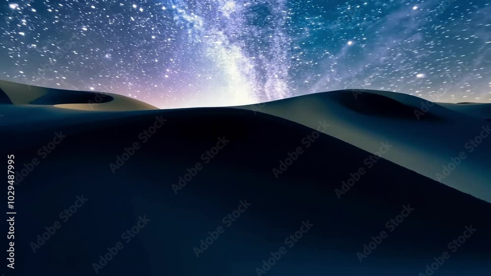 Poster The milky way galaxy is shining brightly over dark sand dunes in the desert at night, creating a beautiful and serene scene