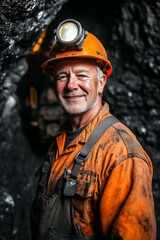Fototapeta premium Smiling miner wearing an orange helmet and overalls, standing in a dark tunnel