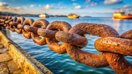 Large iron anchor chain with rusty chain link and shackles in corrosion