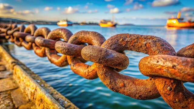 Large iron anchor chain with rusty chain link and shackles in corrosion