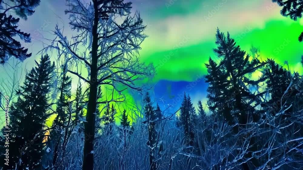 Poster snow covered forest is illuminated by the bright green hues of the aurora borealis, creating a magic