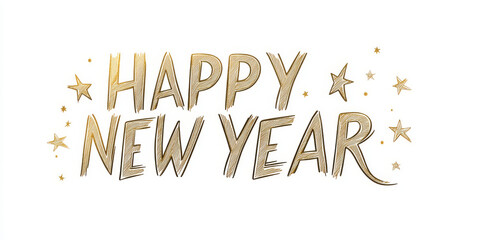 Hand-drawn golden "Happy New Year" lettering with decorative stars on a white background, celebrating the festive occasion.
