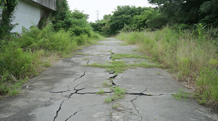 Cracked concrete pavement surrounded by overgrown vegetation, suggesting neglect and decay in an abandoned outdoor space with greenery.
