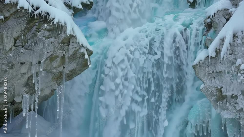 Poster water flows over the edge of a rocky cliff face, freezing as it falls, creating a beautiful wall of 