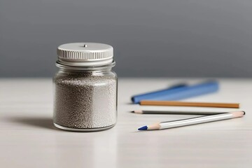 A jar of sand accompanied by a pencil and a pen, arranged neatly on a flat surface.