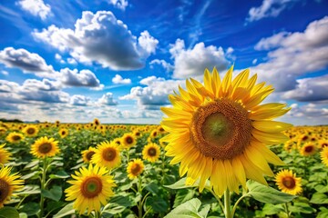 Obraz premium Tilted angle view of vibrant sunflower fields under a blue sky with white clouds