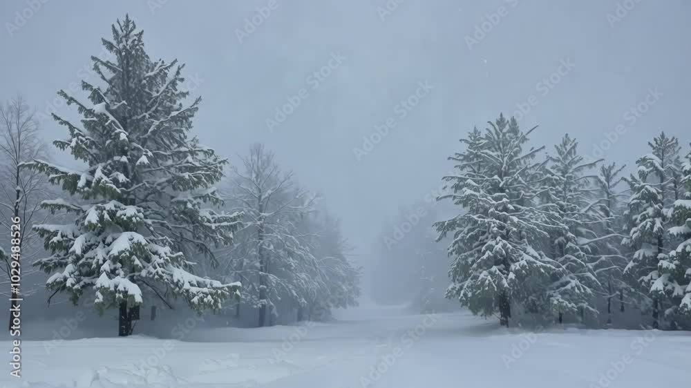 Poster snow falls gently on a forest path, surrounded by snow covered pine trees, creating a serene winter 