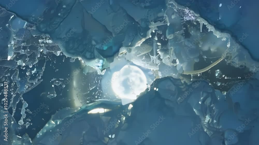 Poster sun shining through a thick wall of ice with many cracks and textures. perfect for representing the 