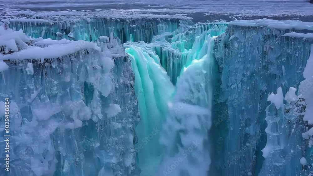 Poster frozen waterfall flows down a mountain, creating blue ice and snow. the icy cascade sparkles in wint