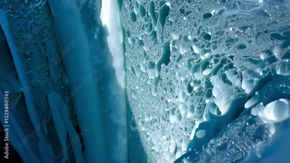 Poster Sunlight is illuminating a pattern of frozen bubbles trapped in turquoise ice, creating a beautiful and abstract natural background