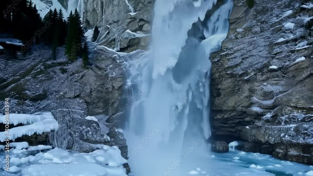 Poster powerful waterfall is frozen in time as it flows over the edge of a rocky cliff and into the icy wat