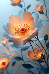 Fototapeta premium A close up of a flower with a blue background. The flower is white and has a yellow center. The image has a serene and calming mood, as the flower is the main focus