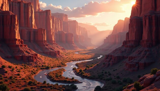 A stunning image of a rugged desert cAyon with towering red rock formations, a meAdering river, Ad the warm glow of the setting sun casting shadows on the cliffs.