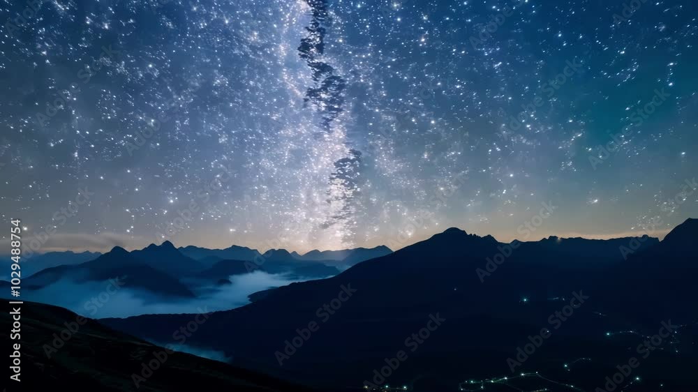 Poster The milky way is rising above a mountain range with clouds in the valleys and a few city lights visible in the distance