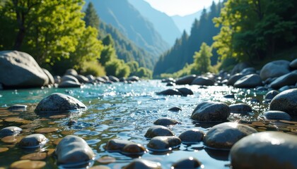 A stunning image of a crystal-clear mountain river with smooth, round pebbles on the riverbed, surrounded by lush vegetation Ad the distAt sound of waterfalls.