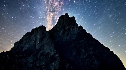 Mesmerizing star trails swirl above a majestic mountain peak, creating a stunning starburst effect against the dark night sky - Powered by Adobe