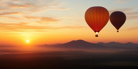 Fototapeta premium A beautiful sunrise landscape with hot air balloons in sky