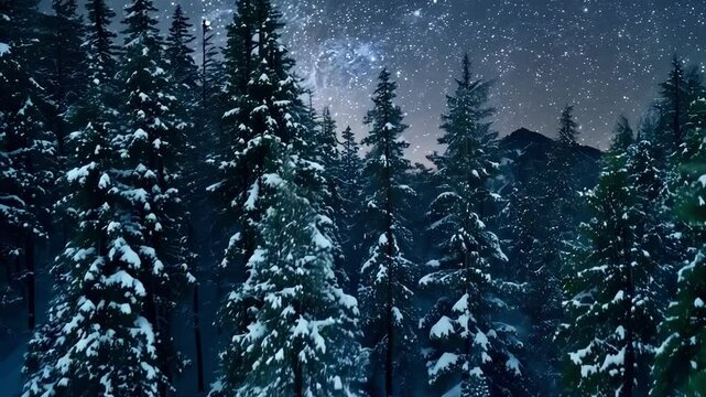 Serene snowy forest under a starry night sky, evoking magic and tranquility. Tall evergreen trees dusted with frost, creating a peaceful winter scene