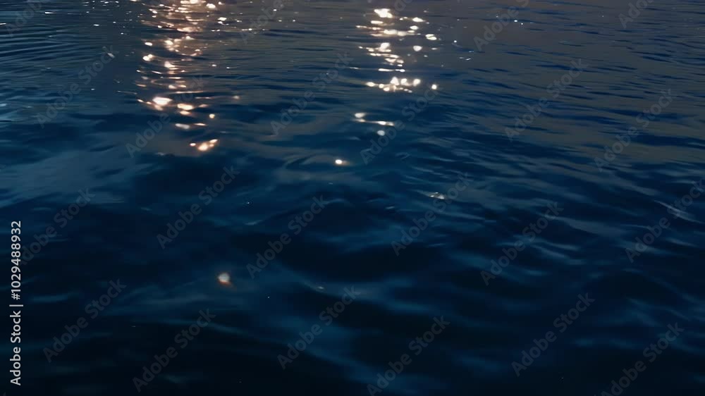 Poster sunset light reflects on dark blue water, creating a mesmerizing abstract background with rippling w