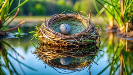 Reflected egg of common cuckoo in the nest of marsh warbler