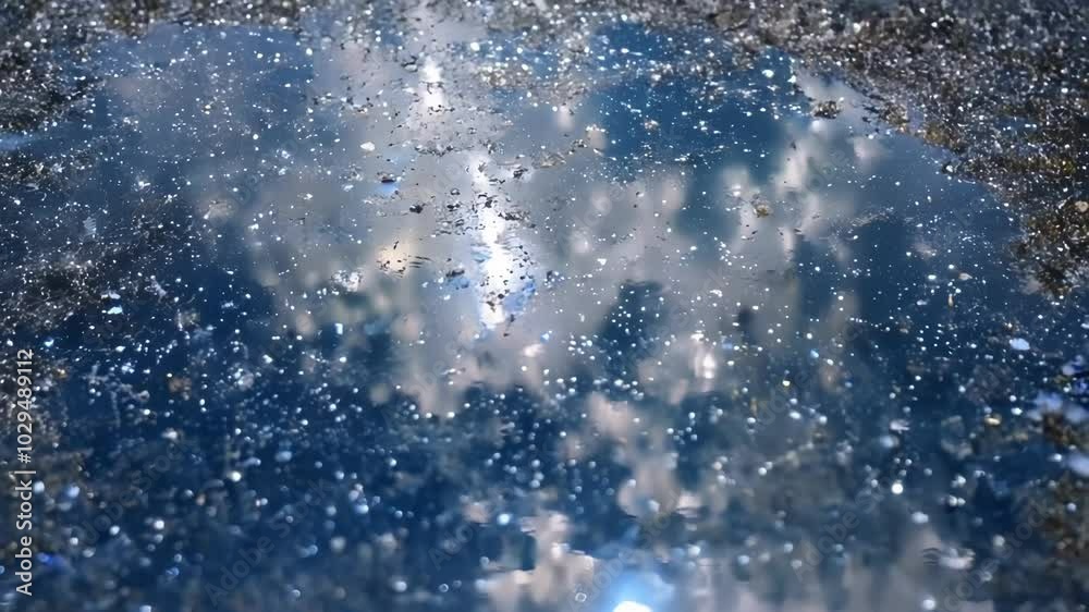 Poster tranquil water mirrors vast sky. fluffy clouds. forming abstract shapes. bokeh. glistening drops spa