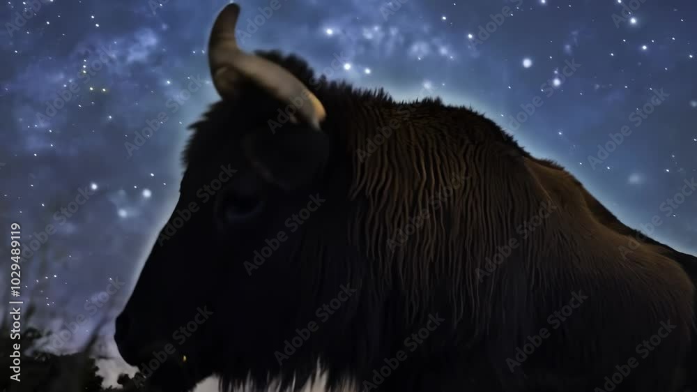 Aufkleber large n bison is standing in a field at night, with a starry sky in the background. the bison is ill