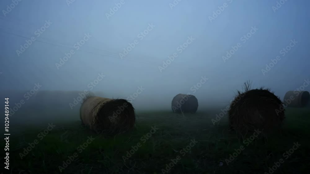 Poster Hay bales peek through fog in countryside at dusk, creating mysterious atmosphere. Image captures essence of rural life with spooky, beautiful vibe